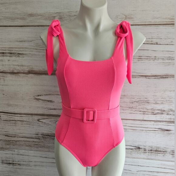Shein Bright Pink Coquettish Belted Ribbed One Piece Bathing suit sz S - Picture 1 of 4
